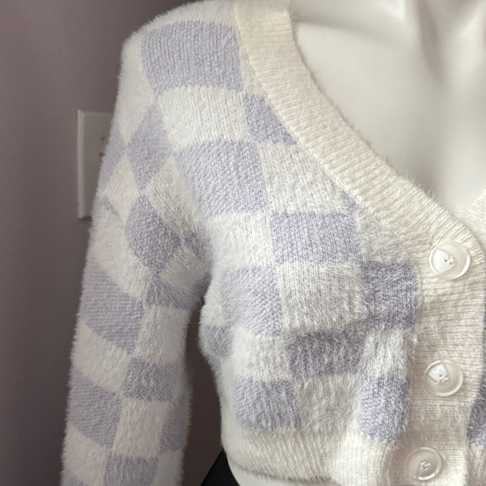 Altar'd State Cream and Purple Checkered Cropped Cardigan - Picture 12 of 13